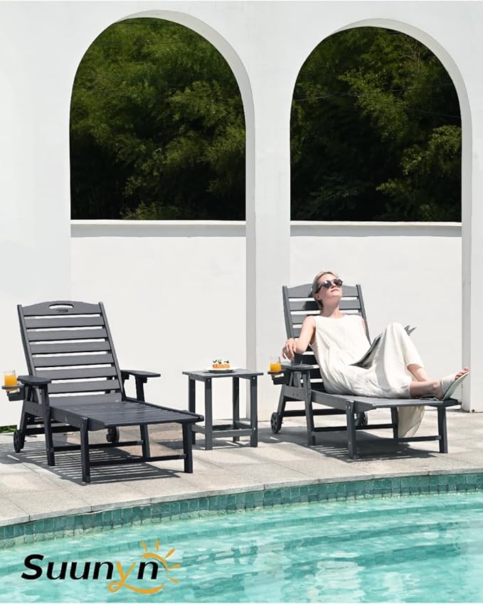Lounge Chair Outdoor Set of 4 with Wheels, Adjustable 6-Position Chaise Lounge Outdoor, Patio Lounge Chair for Poolside Backyard, Grey