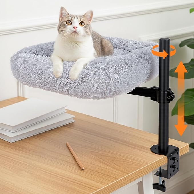 Large Cat Desk Bed - 360°Rotating Height Adjustable, Soft Removable Desk Cat Bed, Suitable for Gaming Desks and Office Desks, Maximum Weight Capacity Up to 35 lbs