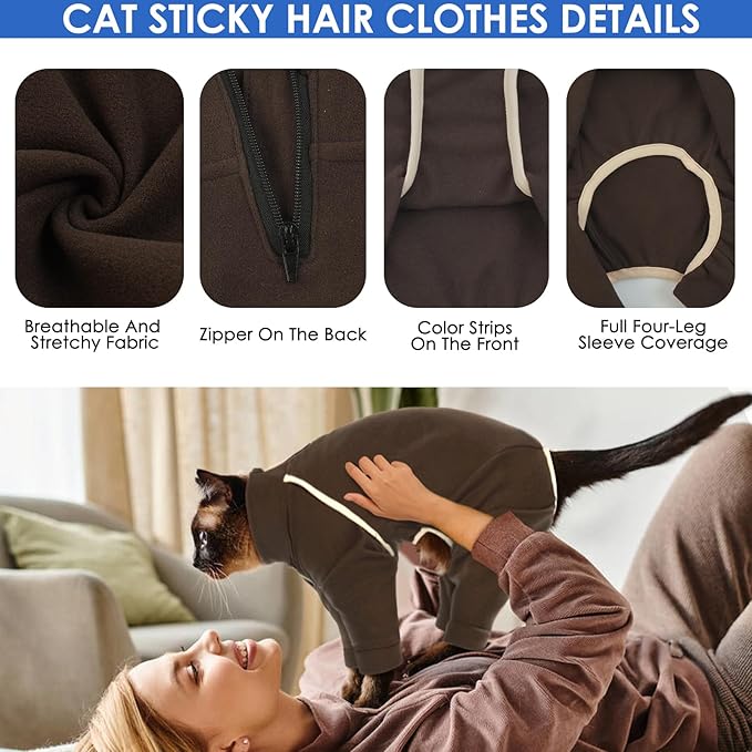 Sticky Hair Cat Clothes - Coffee M Onesie for Sphynx Cats, Soft Pajamas, Prevents Lost Hair