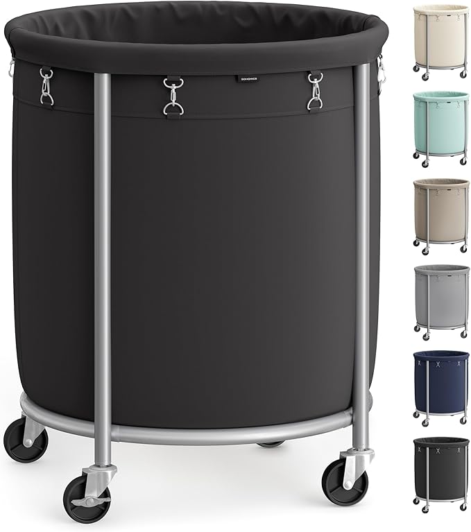 SONGMICS 50.2-Gallon (190 L) Laundry Basket with Wheels, Rolling Round Heavy-Duty Laundry Hamper Cart with Steel Frame and Removable Bag, 2 Locking Wheels, Ink Black and Metallic Silver URLS001B01