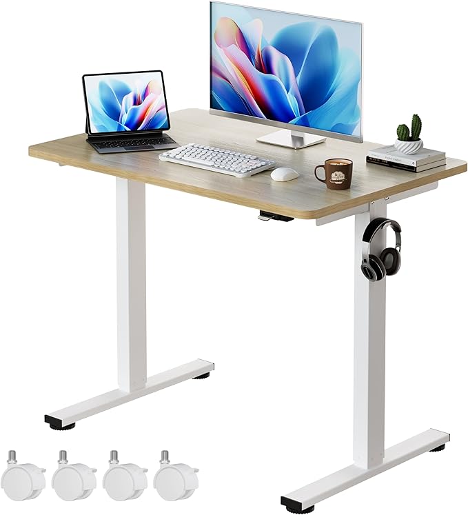 Okin Electric Standing Desk, 40 x 24 Inches Whole Piece Height Adjustable Desk, Oak Sit to Stand Desks Computer Workstation with Wheels for Home Office
