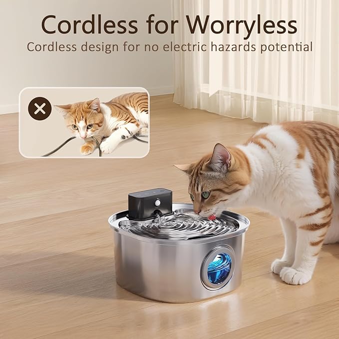 Voluas Stainless Steel Wireless Cat Water Fountain: 3.2L/108oz 3-Modes Pet Drinking Fountain Indoor Cordless Motion Sensor with 4200mAh Rechargeable Battery Operated