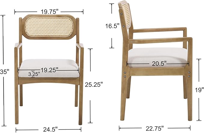 EALSON Rattan Dining Chairs with Arms Set of 4 Mid Century Dining Room Chairs with Wood Legs Linen Upholstered Kitchen Chairs Farmhouse Cane Back Arm Chair for Living Room, Beige, Light Natural