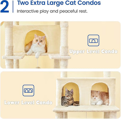 MWPO Extra Large Cat Tree, 77.6-Inch Tall Cat Tower for Indoor Cats with 2 Condos, Multi-Level Cat Stand for Large Cats, 3 Hammocks, Wide Perch, Scratching Posts, Dangling Toys, Beige