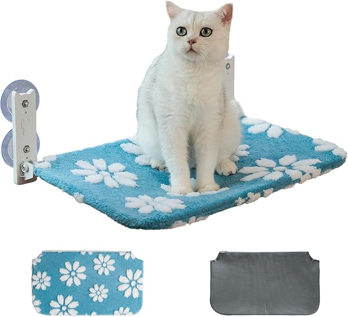 Cat Window Perch, Foldable Cat Window Hammock with Cute 3D Textured Flower Cover, Breathable Mesh Cover and Strong Suction Cups, Cordless Window Seat Bed for Indoor Cats (Blue, Medium)