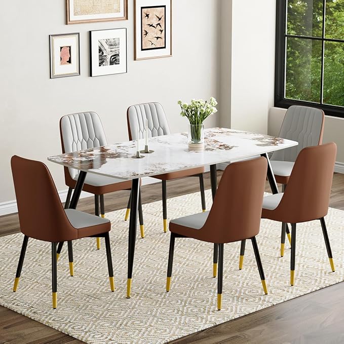 6 Person Dining Table Set, Sintered Stone Dining Table Set for 6, Kitchen Table Chairs Set of 6, Easy to Assemble