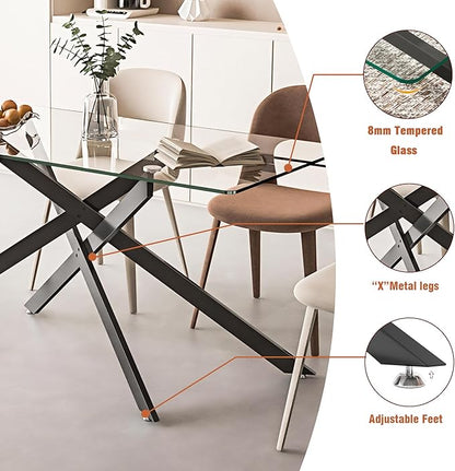 60.6'' Tempered Glass Dining Table for 4-6 People, Rectangle Kitchen Table with Black X-Base Metal Legs, Adjustable Feet, Glass Top Desk for Home Office Glass Dining Room Table for 6