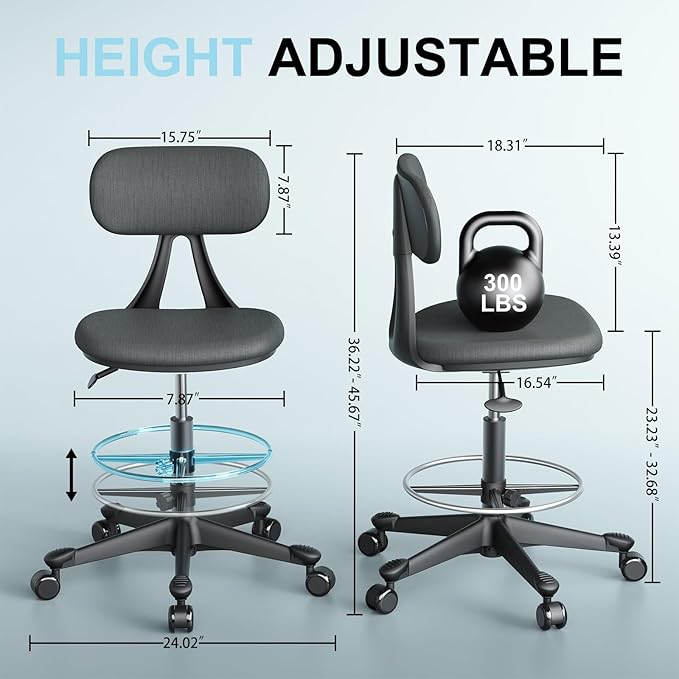 Drafting Stool with Back Support – Height Adjustable Standing Desk Stool with Back & Foot Rest | Auto-Lock Casters,Ergonomic |Tall Standing Desk Chair for Studio, Lab, Office or Home