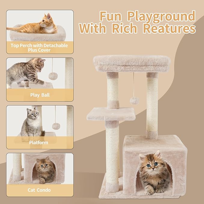 FISH&NAP Cute Cat Tree Kitten Cat Tower for Indoor Cat Condo Sisal Scratching Posts with Jump Platform Cat Furniture Activity Center Play House Beige