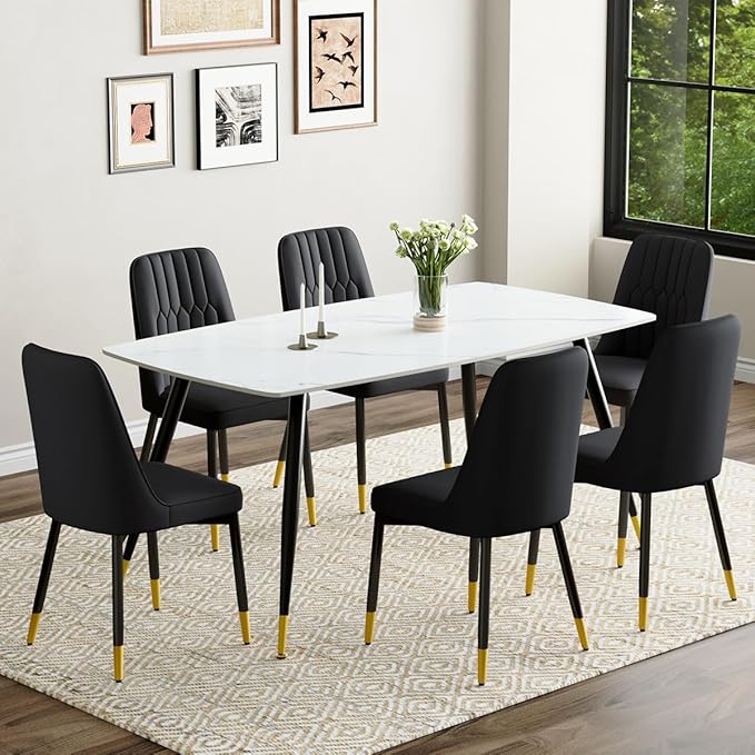 7 Piece Modern Dining Set, 62'' Sintered Stone Dinner Table for 6, 6 Chairs, Easy to Assemble