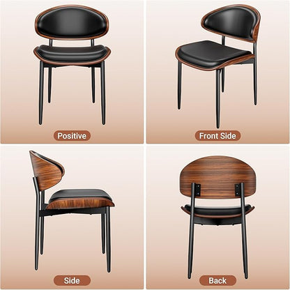 Dining Chairs Set of 2, Dining Room and Kitchen Chairs, Mid Century Modern Retro Chair, Upholstered PU Leather Chairs for Vanity with Walnut Bentwood and Metal Legs (Black)
