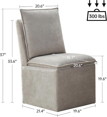 VKNOW Upholstered Dining Chairs Set of 4, Modern Rolling Chairs with Storage and Wheels, Linen Armless Chair with Cushion and Backrest, Dining Room Chairs for Living Room Kitchen Bedroom, Light Grey