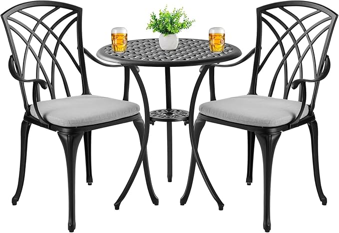 3 Piece Patio Bistro Set with Cushions, Outdoor Bistro Table and Chairs Set of 2 with Umbrella Holes, All Weather Bistro Table Set for Garden Porch Pools