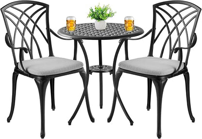 3 Piece Patio Bistro Set with Cushions, Outdoor Bistro Table and Chairs Set of 2 with Umbrella Holes, All Weather Bistro Table Set for Garden Porch Pools