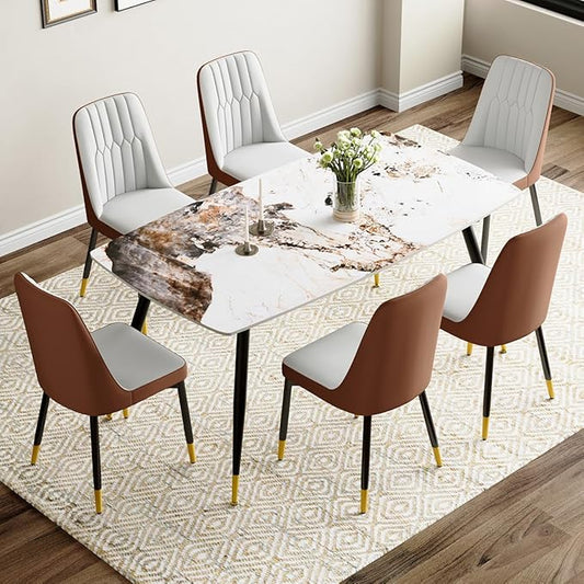 6 Person Dining Table Set, Sintered Stone Dining Table Set for 6, Kitchen Table Chairs Set of 6, Easy to Assemble