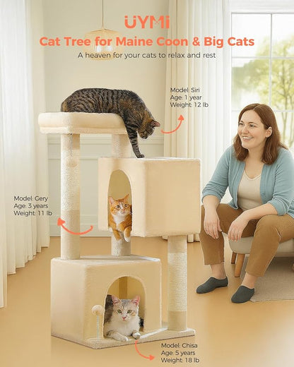 XL Cat Tree 44" Cat Tower for Large Cats 20 lbs+, 2 Spacious Caves with 3.4" Thickened Scratching Post, Large Top Perch, 2 Interactive Toys, Beige