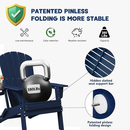 Plawdlik Folding Adirondack Chair, SGS Tested, Wooden Textured with Cup Holder, Heavy All-Weather HDPE Comfortable Set Poolside Backyard Lawn Navy Blue