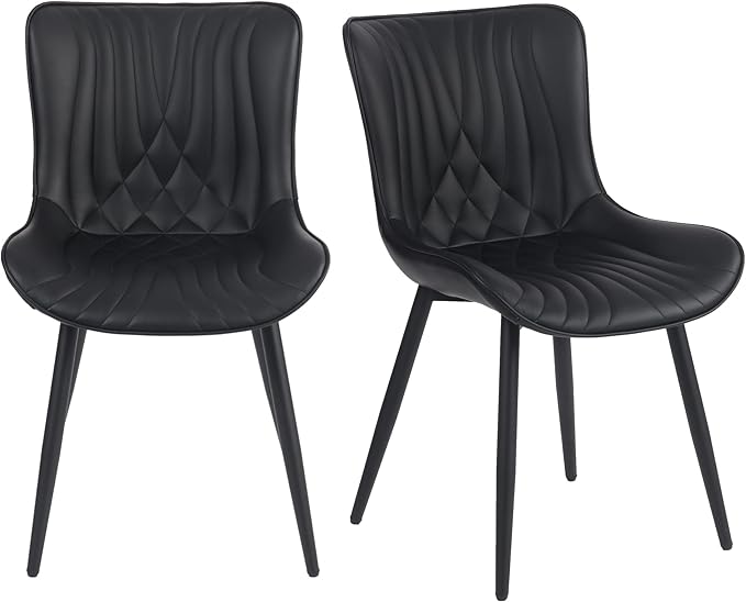 YOUTASTE Black Dining Chairs Set of 2 Upholstered Mid Century Modern Kitchen Dining Room Chairs Armless Faux Leather Accent Chairs Metal Vanity Lounge Chair with Back for Living Room Bedrooms