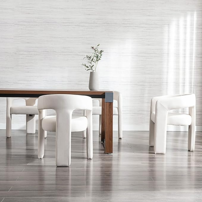 Set of 2 Modern Linen Fabric Upholstered Dining Chairs with Open-Back, Cute Barrel Side Chairs Kitchen Armchair Accent Chairs for Dining Room Bedroom, Ivory