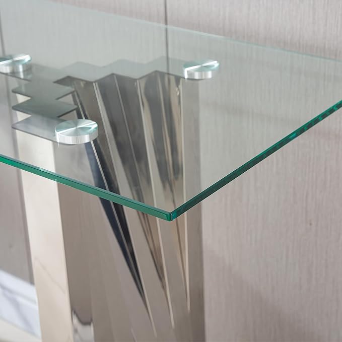 Goujxcy Modern Glass Console Table 55" Entryway Table with Tempered Glass Top and Mirror Finish Stainless Steel Legs, Luxury Rectangular Sofa Table for Living Room Hallway Corridor Table (Silver)