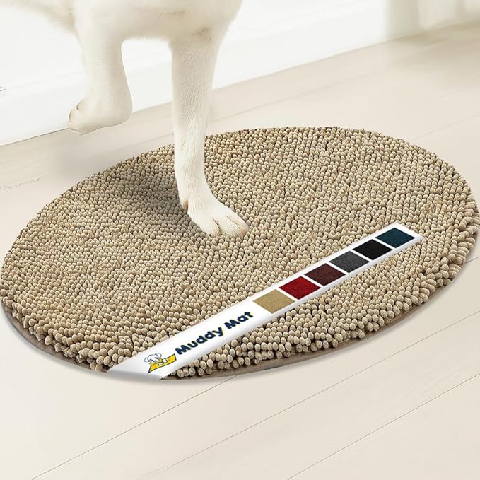 Muddy Mat® Shown on TV – Super Absorbent Microfiber Dog Door Mat for Muddy Paws, Non-Slip Washable Pet Rug, Quick Dry Chenille Entryway Carpet,Machine Washable Indoor Outdoor Mat, Beige Oval 5ft x 7ft