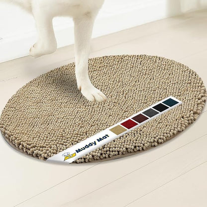 Muddy Mat® Shown on TV – Super Absorbent Microfiber Dog Door Mat for Muddy Paws, Non-Slip Washable Pet Rug, Quick Dry Chenille Entryway Carpet,Machine Washable Indoor Outdoor Mat, Beige Oval 3ft x 5ft