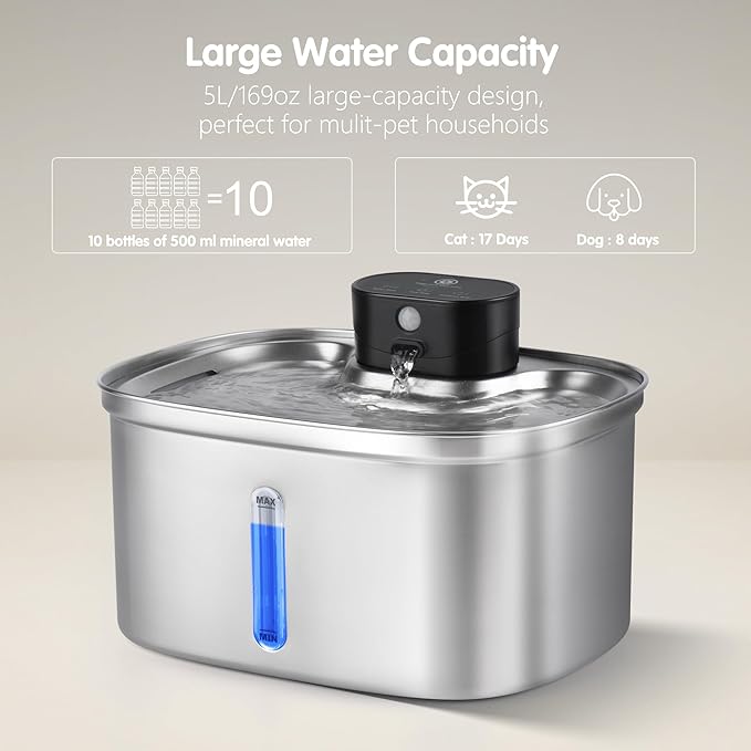 Wireless Cat Water Fountain Stainless Steel, 5L/169oz Automatic Pet Water Dispenser with 5000mAh Battery, 3 Modes (Sensor/Timer/Continuous), Ultra Quiet Pump & 6 Replacement Filters for Cats & Dogs