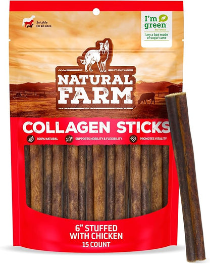 Natural Farm Chicken Stuffed Collagen Chews for Dogs with Real Chicken (6 Inch, 15-Pack), Rawhide-Free Collagen Sticks, Odor-Free Natural Dog Chews, Long Lasting, for Small, Medium, Large Dogs