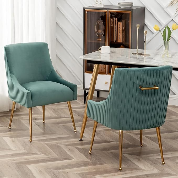 Dining Chairs, Accent Chairs Set of 4, Modern Upholstered Kitchen Dining Room Chairs with Gold Legs, Fabric Tufted Velvet Living Room Chairs for Reception Room Bedroom Guest Room (Green)