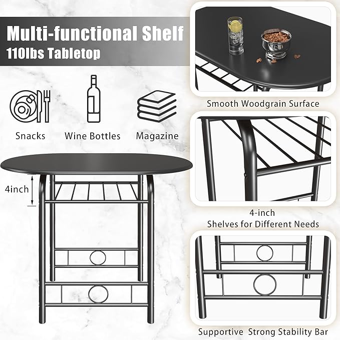 JUMMICO 3-Piece Wooden Round Table & Chair Set, Space Saving Kitchen Breakfast Nook Wood Grain Tabletop with Metal Frame and Built-in Wine Rack for Kitchen, Dining Room (Black)