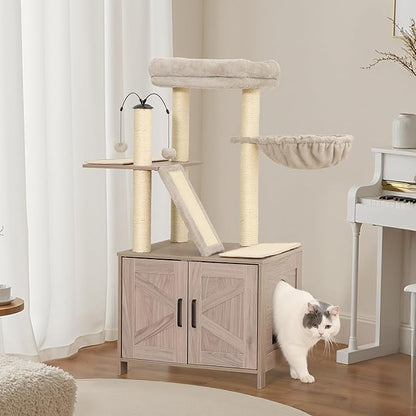 Amazon Basics Furniture Style Cat Tree with Litter Box Enclosure, Cat Tree with Scratching Posts, Sisal Pad, Cozy Perch and Hammock