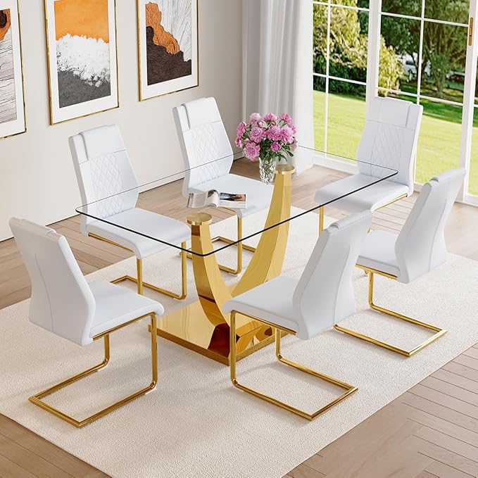 AZmac 63" Glass Dining Table Set for 6,Luxury Gold Dining Room Set with Stainless Steel Pedestal, Rectangular Tempered Glass Kitchen Table with PU Leather Chairs, for Kitchen Apartment