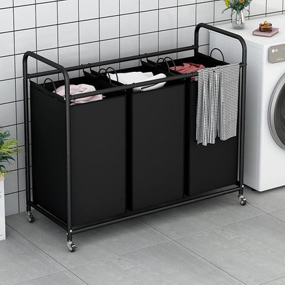 LINZINAR 3-Bag Laundry Basket Hamper Laundry Sorter Cart laundry room organization with Heavy Duty Rolling Lockable Wheels and Removable Bags (Black)