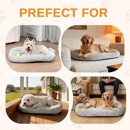 Washable Oval Medium Dog Bed, Silver-Tipped High-Resilience, Light Gray | Non-Slip Bottom Prevents Sliding, Soft Plush Short Fur, Machine Washable, Ideal for Crates/Apartments/Cozy Nooks,29"x18"x2.8"