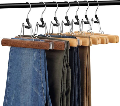 AMKUFO 12 Pack Wooden Pants Hangers with Clips Non Slip Skirt Hangers Walnut Trouser Clamp Hanger Solid Wood Hanger with 360° Swivel Hook