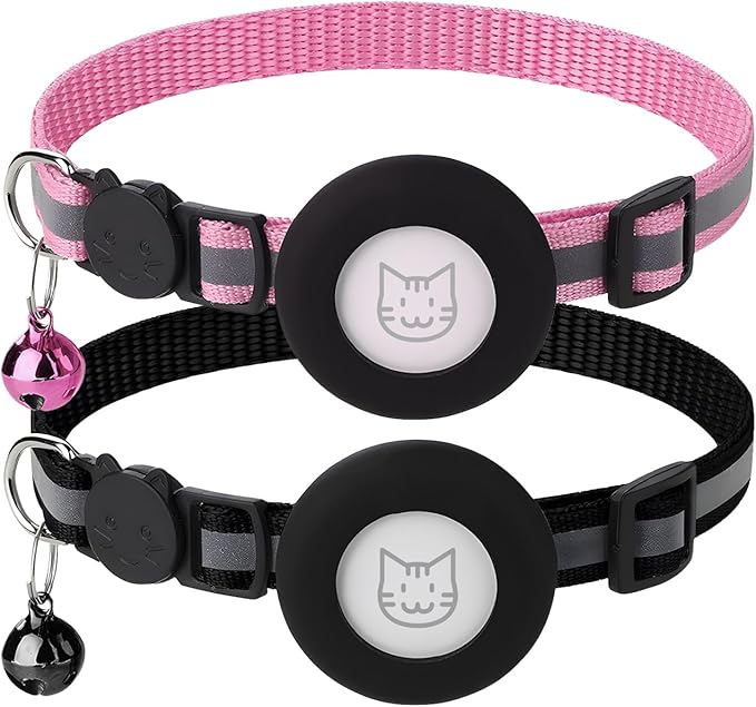 2 Pack Airtag Cat Collar with Bell, Reflective Nylon Kitten Collar with Apple Air Tag Holder and Breakaway Safety Buckle for Puppy Girl Boy Cats, 3/8" in Width and Lightweight, Black/Pink