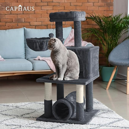 CAPHAUS Large Cat Tree with Scratching Posts, Cave Condo, 40-Inch Multi-Level Indoor Activity Structure with Basket for Cats, Modern Sisal Wrapped Design