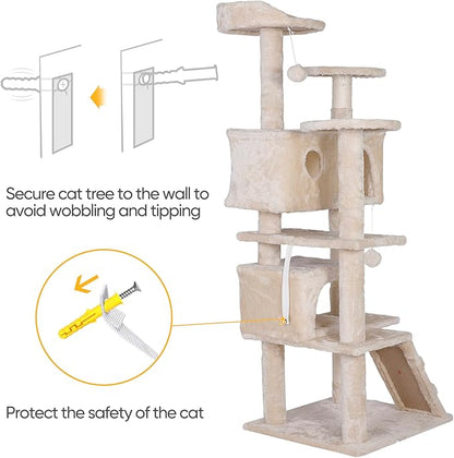 53 inches Heavy Duty Multi-Level Cat Tree Tower with Condo Furniture & Scratching Posts for Kittens Play Rest (Beige)
