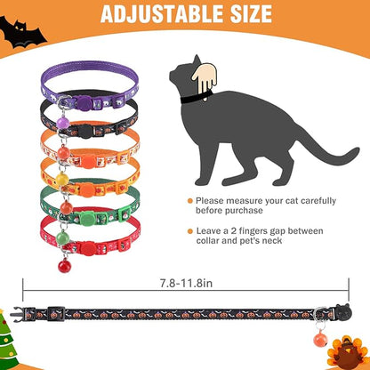 PUPTECK Thanksgiving Cat Collar with Bell 6 Packs Breakaway for Fall Halloween - Autumn Soft Adjustable Kitten Kitty Collars for Small Pet Puppy Bunny Christmas with Safety Release Buckle