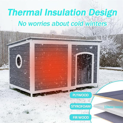 Geguri All-Weather Dog House for Medium to Large Dogs | Weatherproof Asphalt Roof, Chew-Proof Frame, Elevated Base, Extra Large (Grey, 59.1" L × 34.3" W × 34.6" H)
