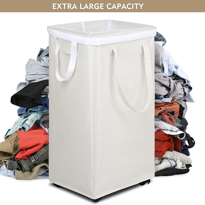 DOKEHOM 90L X-Large Laundry Basket with Removable Wash Bag on Wheels, Collapsible Rolling Laundry Hamper, Foldable Clothes Organizer, Folding Washing Bin (Beige)