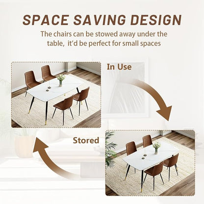 White Dining Table Set for 4, 62'' Dining Table Set for 4, Sintered Stone Dining Room Sets for 4, Easy to Assemble