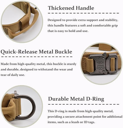 Tactical Dog Collar, Adjustable Military Training Nylon Dog Collar with Control Handle and Heavy Quick-Release Metal Buckle for Small Medium Large Dogs, Brown L