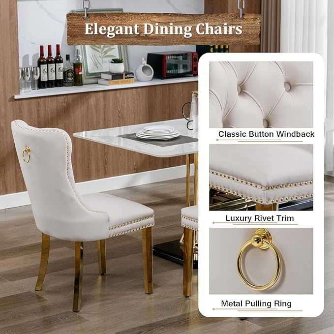 70" Faux Marble Dining Table Set for 6, 7-Piece Dining Set with White Gold Kitchen Table and 6 Velvet Tufted Chairs, Modern Rectangular Dining Room Table with Diamond-Shape Stainless Steel Base
