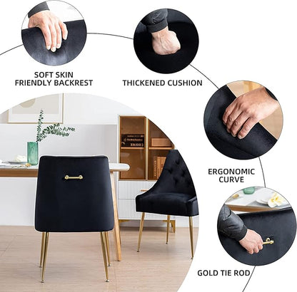 Modern Dining Chair Set of 6, Mid-Century Room Chair, Upholstered Comfortable Velvet with Back Pull Rod and Metal Legs for Kitchen, Dining, Living (Black), (DYXSD)