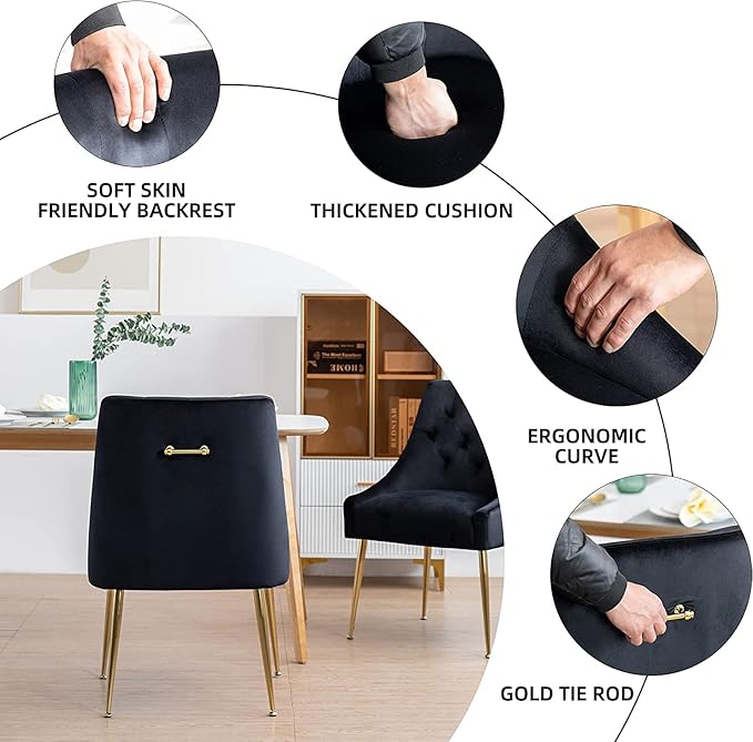Modern Dining Chair Set of 4, Mid-Century Room Chair, Upholstered Comfortable Velvet with Back Pull Rod and Metal Legs for Kitchen, Dining, Living (Black), (DYXSD)
