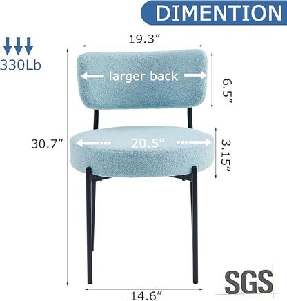 Blue Boucle Dining Chairs Set of 2, Upholstered Dinner Chair with Metal Frame, Dining Room Chairs with Padded Seat, Round Modern Seating for Living Room