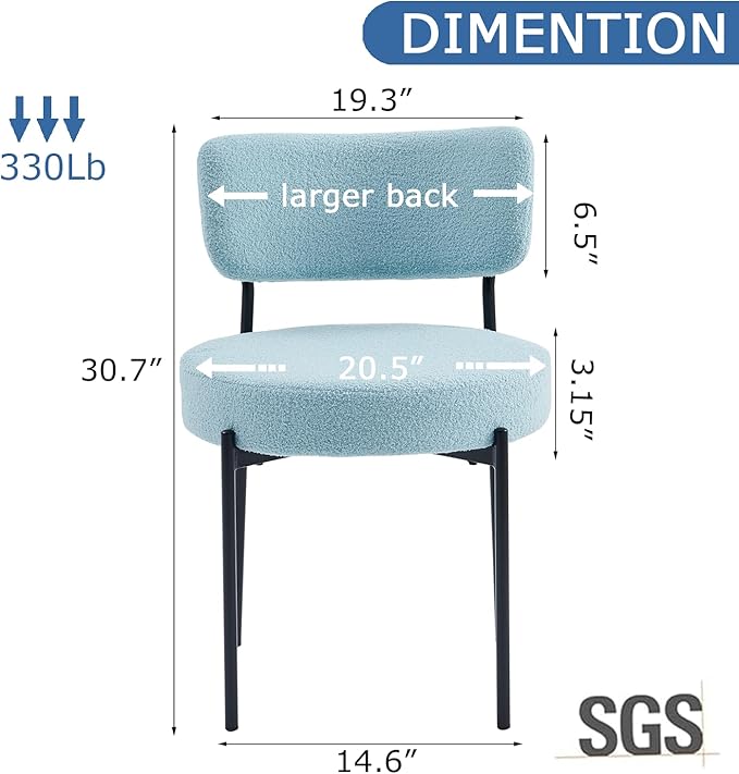 Blue Boucle Dining Chairs Set of 8, Upholstered Dinner Chair with Metal Frame, Dining Room Chairs with Padded Seat, Round Modern Seating for Living Room