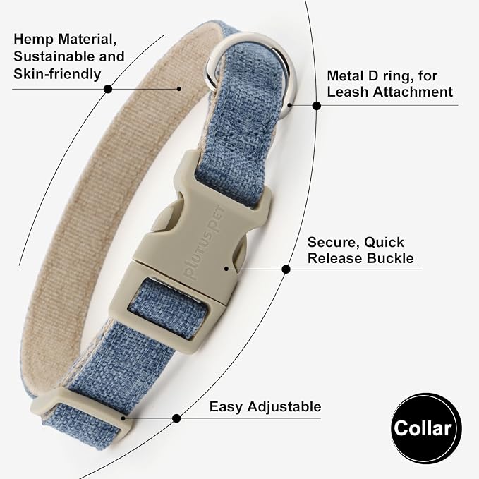 Plutus Pet Cotton Hemp Dog Collar and Leash Set, Adjustable Collar for Small, Medium, and Large Dogs, Heavy Duty and Soft on Skin, Haze Blue, L