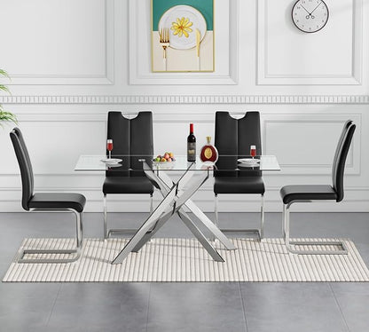 Goujxcy Modern Glass Dining Table Set for 4, Glass Silver Kitchen Table and Chairs Set, 5 Piece Dining Room Table Set with 51" Rectangle Dinner Table and 4 Black Leather Dining Chairs